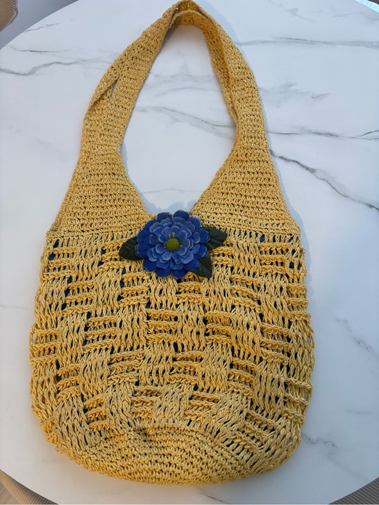 Handbags - Yellow Crochet Shoulder Bag with Blue Flower Accent